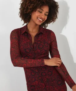 Ruched Front Button Through Mesh Dress