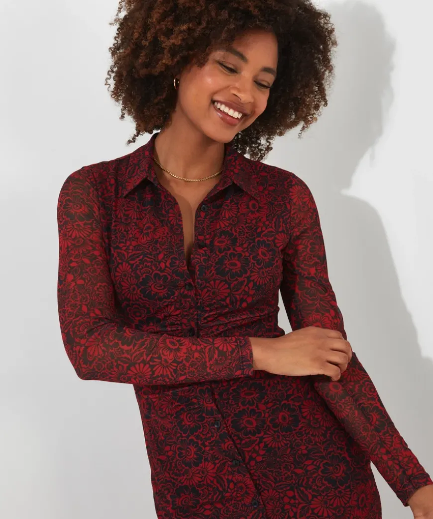 Ruched Front Button Through Mesh Dress