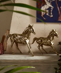 Set Of 2 Cast Iron Antique Gold Horse Statues