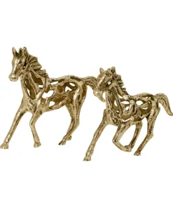Set Of 2 Cast Iron Antique Gold Horse Statues